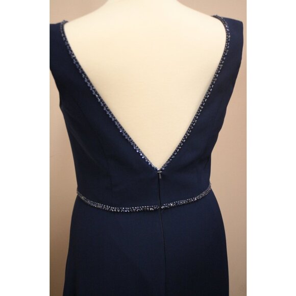 Long Crepe Navy Dress with Beaded Neckline & Waist Size 18 - Picture 5 of 11